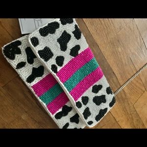 Beaded animal print and color block clutch purse w/optional silver chain strap